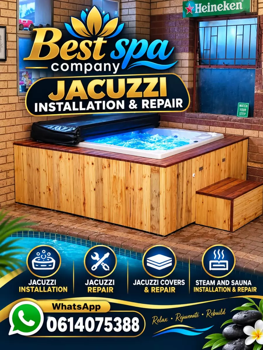 Promotional flyer for jacuzzi installation and repair with a wooden hot tub